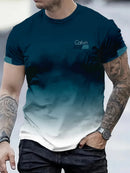 Men's Summer Luxury Gradient 3D Print T-Shirt, Turquoise Gold Swirl Wave Abstract Pattern, Crew Neck Short Sleeve, Breathable &